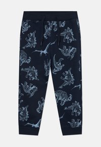 I jogger blu scuro presentano una stampa di dinosauri leggera blu ripetuta, polsini a coste e una vita elastica con cordino per una vestibilità regolabile.