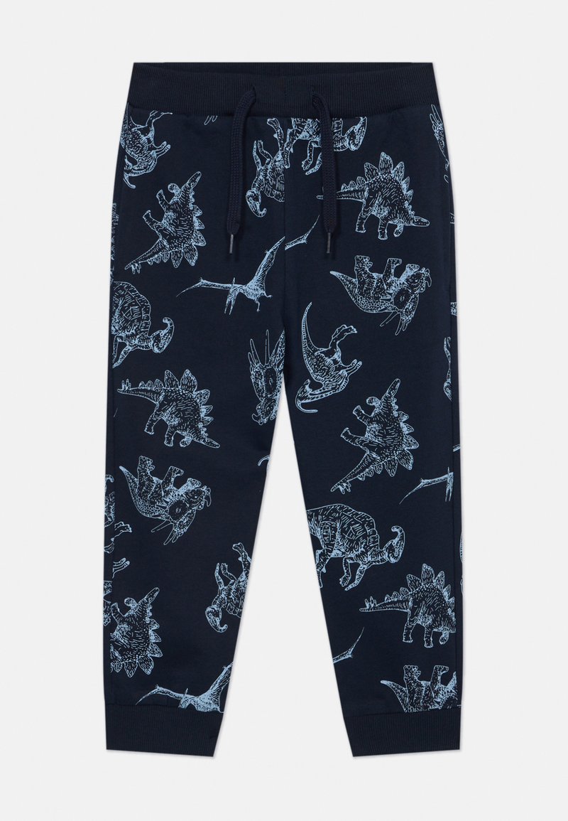 I jogger blu scuro presentano una stampa di dinosauri leggera blu ripetuta, polsini a coste e una vita elastica con cordino per una vestibilità regolabile.