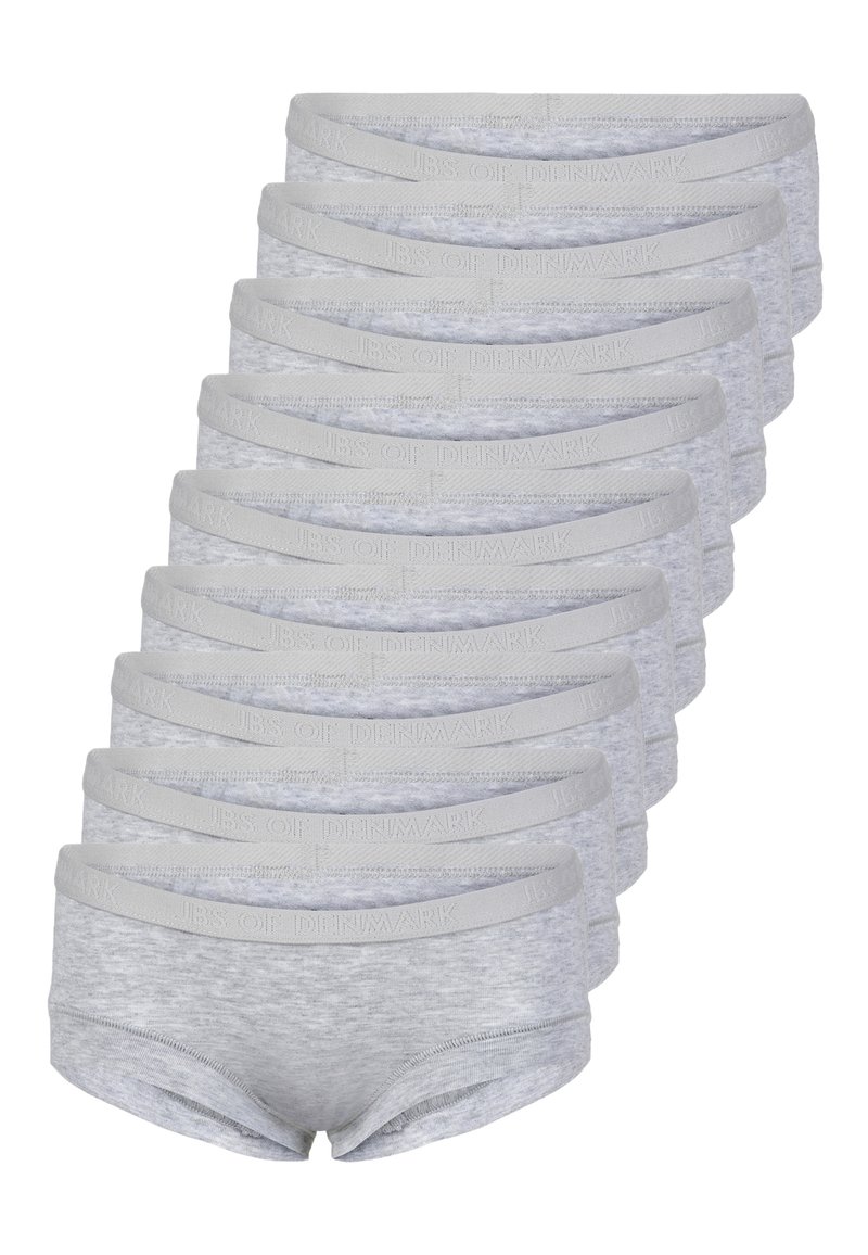 Gray cotton underwear featuring an elastic waistband with "JBS of Denmark" embossed. Multiple pairs displayed in a stacked arrangement.