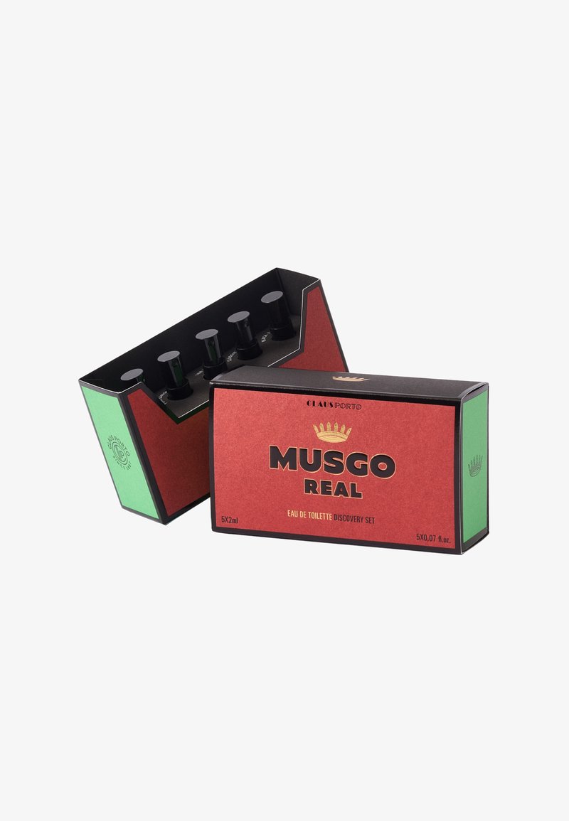 Eau de toilette discovery set in a red and green box, featuring five 2ml black bottles arranged inside a diamond-shaped packaging.