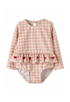 Różowo-biały kaftanik niemowlęcy w kratkę gingham z długim rękawem i falbaną w talii ozdobioną pięcioma czerwonymi, haftowanymi sercami.