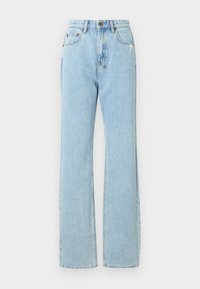 Light blue denim jeans with a straight-leg design, featuring a zipper fly, five pockets, and subtle whiskering details.