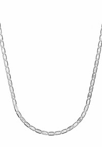 Collana in argento con catena caratterizzata da anelli allungati e intrecciati con una finitura lucida. Texture liscia e design minimalista.