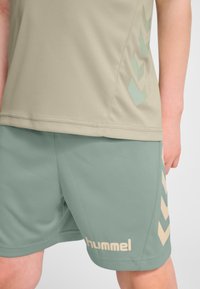Ljusbeige sporttröja med grön chevronmönster på sidan; matchas med gröna shorts med en logotyp i ljuskrämfärg.