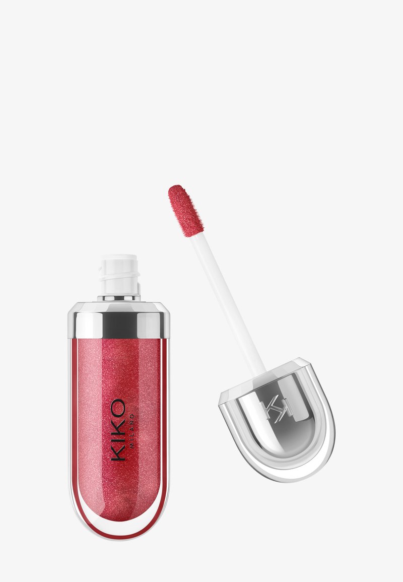 Gloss à lèvres liquide rouge scintillant avec un contenant arrondi transparent et argenté et une tige applicatrice, de la marque KIKO MILANO.