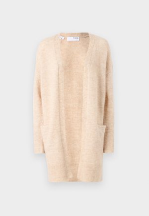 Beige cardigan laget av mykt strikket stoff med V-hals, åpen front og to sidelommer. Har ribbestrikkede ermer og nederkant.