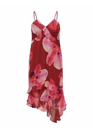 Rød ermeløs kjole med rosa og lilla blomstertrykk, volangdetaljert asymmetrisk kant og V-hals med tynne skulderstropper.