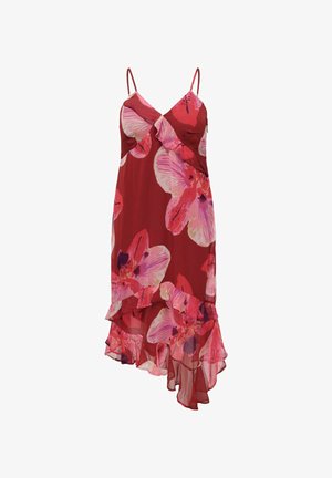 Rød ermeløs kjole med rosa og lilla blomstertrykk, volangdetaljert asymmetrisk kant og V-hals med tynne skulderstropper.