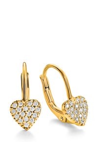Gold heart-shaped earrings featuring multiple small round white gemstones with hinged clasps.