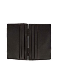 Black leather wallet with multiple card slots. Smooth texture, folded design, featuring contrasting stitching along the edges.