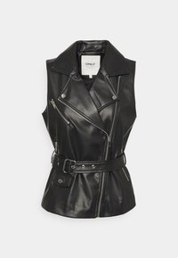 Czarna kamizelka z imitacji skóry z klapowanym kołnierzem, asymetrycznym przednim zamkiem błyskawicznym, dwoma kieszeniami na suwak oraz paskiem w talii. Gładka faktura.