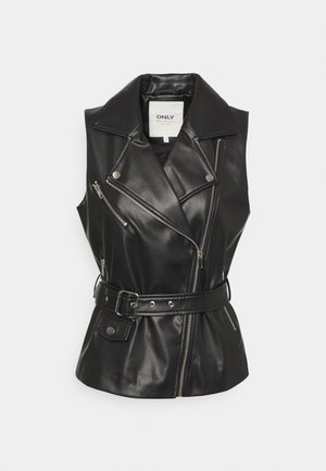 Gilet in ecopelle nera con colletto a revers, cerniera asimmetrica frontale, due tasche con cerniera e vita con cintura. Texture liscia.