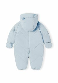 Lichtblauwe gewatteerde sneeuwpak met een capuchon en berenoren, met een gequilte textuur, elastische manchetten en een ritssluiting aan de voorkant.