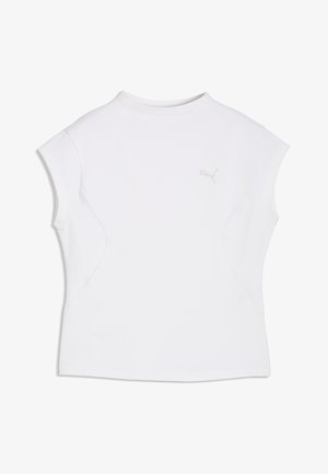 White sleeveless athletic shirt with round neckline and subtle Puma logo on the left chest.