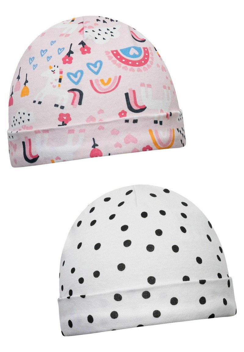 Due cappelli di cotone per bambini: uno rosa con unicorni giocosi e cuori; l'altro bianco con pois neri. Entrambi hanno una vestibilità aderente e i bordi arrotolati.