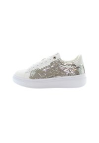 White sneakers with a textured silver sequin panel on the sides, featuring a low-top design and a thick white rubber sole.