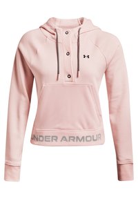 Sudadera con capucha rosa, con un bolsillo de malla en la parte frontal, detalles en negro y un logotipo. Cuenta con un escote con botones y una tela texturizada.