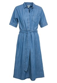 Džínová šatová košile s knoflíkovým zapínáním vpředu, krátkými ohrnutými rukávy, opaskem v pase a kapsou na prsou. Barva: světle modrá.