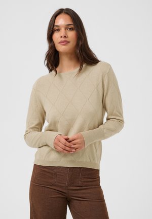 Vrouw met lang donker haar, een beige trui met een ruitpatroon en een bruine broek, staand tegen een effen achtergrond.