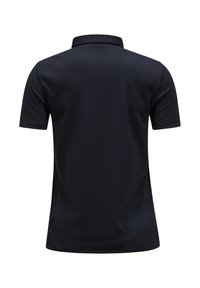 Marineblå polo skjorte med korte ærmer, en klassisk krave og et glat, åndbart stof. Ingen synlige logoer eller mønstre på bagsiden.