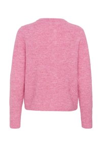 Pink knitted sweater with long sleeves, rounded neckline, and a soft texture. The back view shows a slightly cropped length and no fastenings.