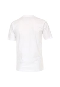 T-shirt bianco a maniche corte, design a girocollo, realizzato in cotone, con una texture liscia e senza motivi o grafiche visibili.