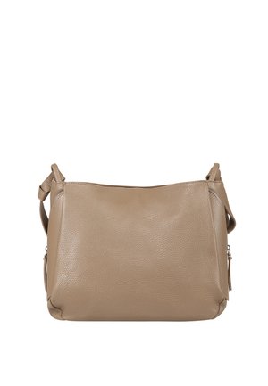 Beige leren schoudertas met verstelbare riem en ritsafsluitingen aan de zijkanten, gladde textuur met lichte korreldetail.