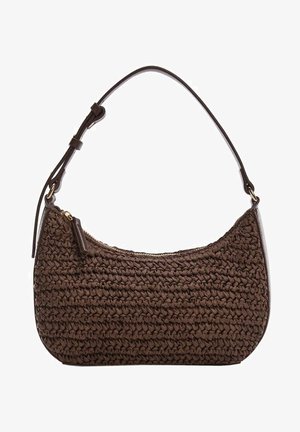 Brown woven shoulder bag with a curved shape, featuring a smooth leather strap and a gold zipper. Textured textile exterior, minimalist design.