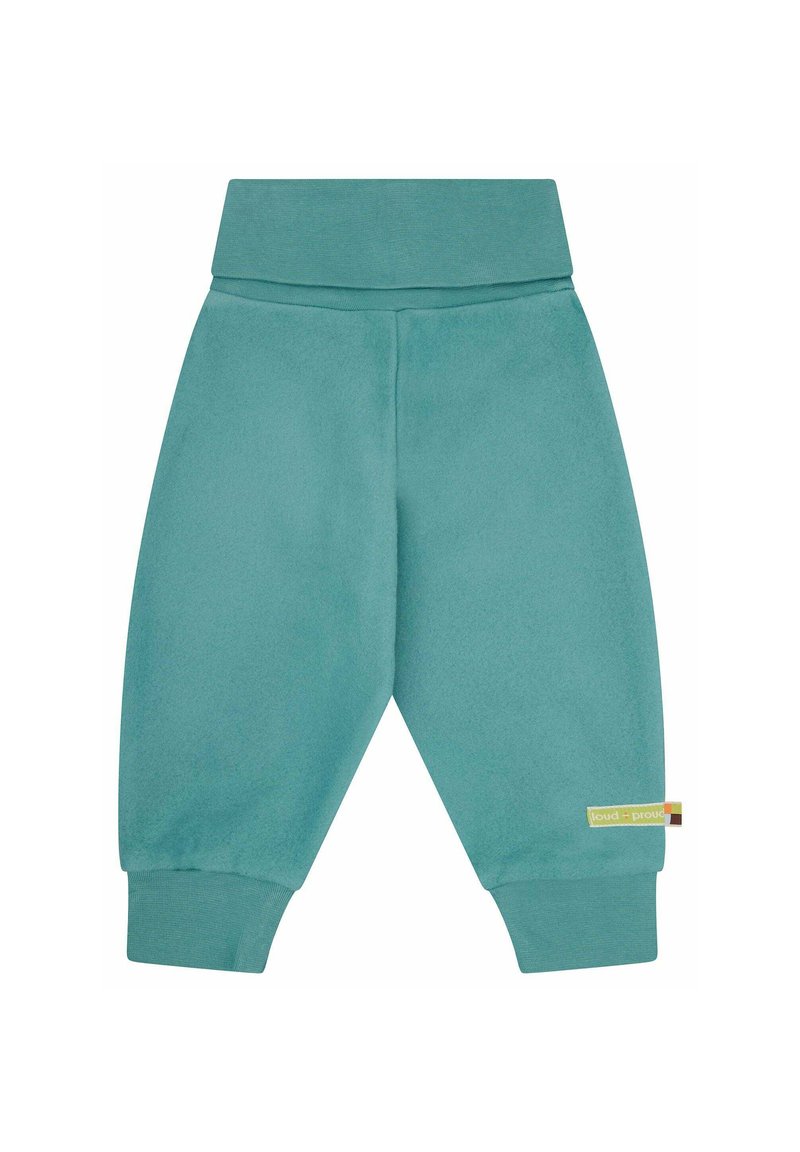 Türkise Jogginghose aus weichem Material, mit einem breiten Bund und gerippten Bündchen. Ein Etikett auf der linken Seite angebracht.