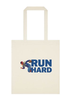 Płócienna torba na ramię z wizerunkiem vintage piłkarza trzymającego piłkę obok dużego, niebieskiego napisu "RUN HARD".