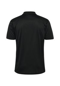 Svart polo skjorta, tillverkad av mjukt tyg. Har en klassisk krage och korta ärmar. Bakåtsidan visar en ren design utan dekorationer.