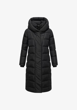Black puffer coat with a large hood, long sleeves, and a knee-length design. Features quilted sections and side pockets for functionality.
