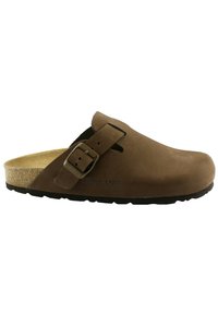 Zoccolo in pelle marrone con fibbia regolabile, soletta in sughero, suola in gomma e fori di ventilazione laterali. Resistente e facile da indossare.