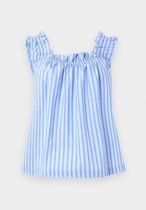 Light blue sleeveless blouse with vertical white and darker blue stripes, ruffled elastic neckline, and ruffled shoulder straps.