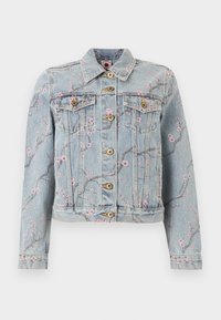 Φωτεινό γαλάζιο τζιν μπουφάν με ροζ εκτύπωση κλαδιού με λουλούδια, εμπρός με κουμπιά, δύο τσέπες στο στήθος και μακριά μανίκια.