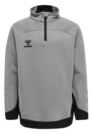 Grijze trui met lange mouwen, zwarte rits, kraag en accenten, met een bij-logo en de tekst "BEECOOL" aan de voorkant.