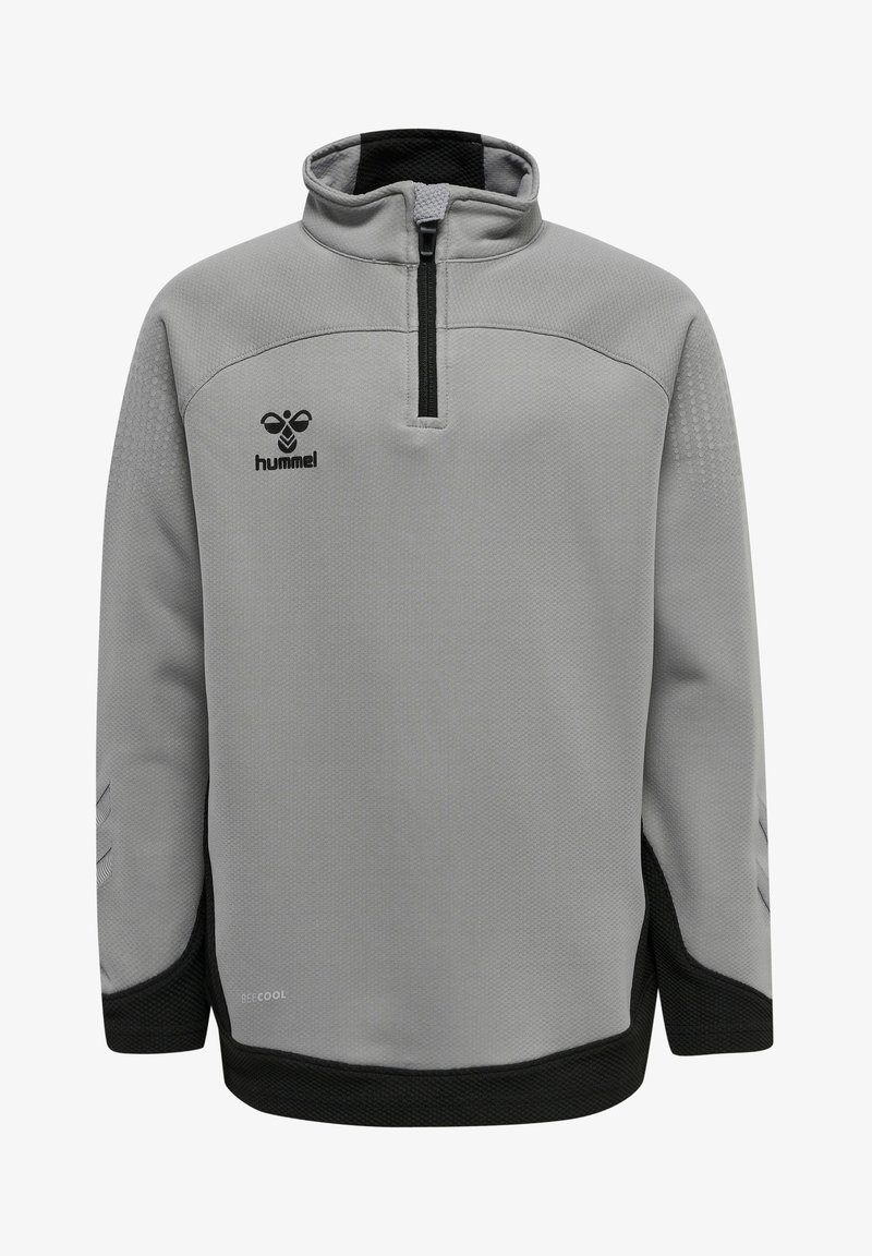 Pull gris à manches longues avec fermeture éclair noire, col et détails, avec un logo d'abeille et le texte "BEECOOL" sur le devant.