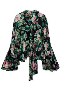 Blouse fleurie noire avec des motifs de fleurs vertes et roses, manches évasées flottantes et décolleté à nouer. Tissu léger avec une texture douce.
