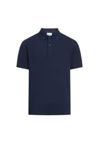 Polo de color azul marino hecho de algodón, con cuello, mangas cortas, tapeta de dos botones y ajuste regular. Sin patrones ni acentos.