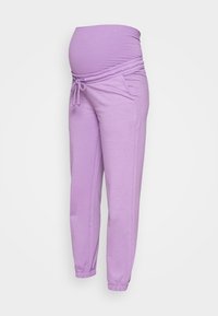 Joggers de maternité violets en tissu doux et extensible, avec une taille élastique, un cordon de serrage et des poches latérales avec des chevilles resserrées.