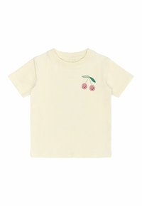 Ljusgul bomulls t-shirt med korta ärmar, prydd med en tryckt design av två rosa körsbär med leende ansikten och gröna blad.