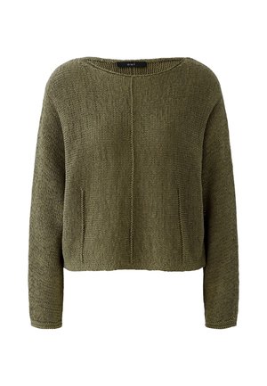 Olijfgroene gebreide trui met lange mouwen, een ronde hals en een subtiele verticale naad in het midden aan de voorkant.