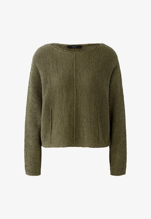 Olivgrüner, gestrickter Pullover mit langen Ärmeln, rundem Halsausschnitt und einer dezenten vertikalen Naht in der Mitte vorne.