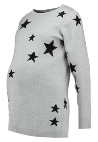 Sweater de maternidade em malha cinza, com padrões de estrelas pretas, mangas longas e decote redondo. Textura suave com detalhes de bainha canelada.