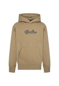 Felpa beige con tasca frontale, cappuccio regolabile e logo "Jordan" ricamato in bianco e nero sul petto. Materiale in cotone morbido.