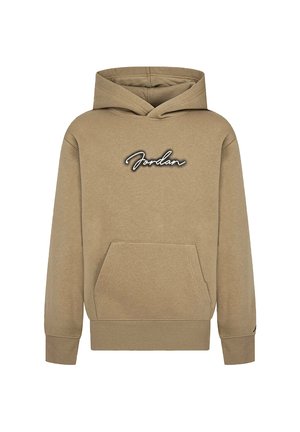 Felpa beige con tasca frontale, cappuccio regolabile e logo "Jordan" ricamato in bianco e nero sul petto. Materiale in cotone morbido.
