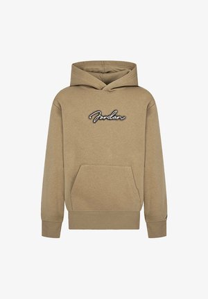 Felpa beige con tasca frontale, cappuccio regolabile e logo "Jordan" ricamato in bianco e nero sul petto. Materiale in cotone morbido.