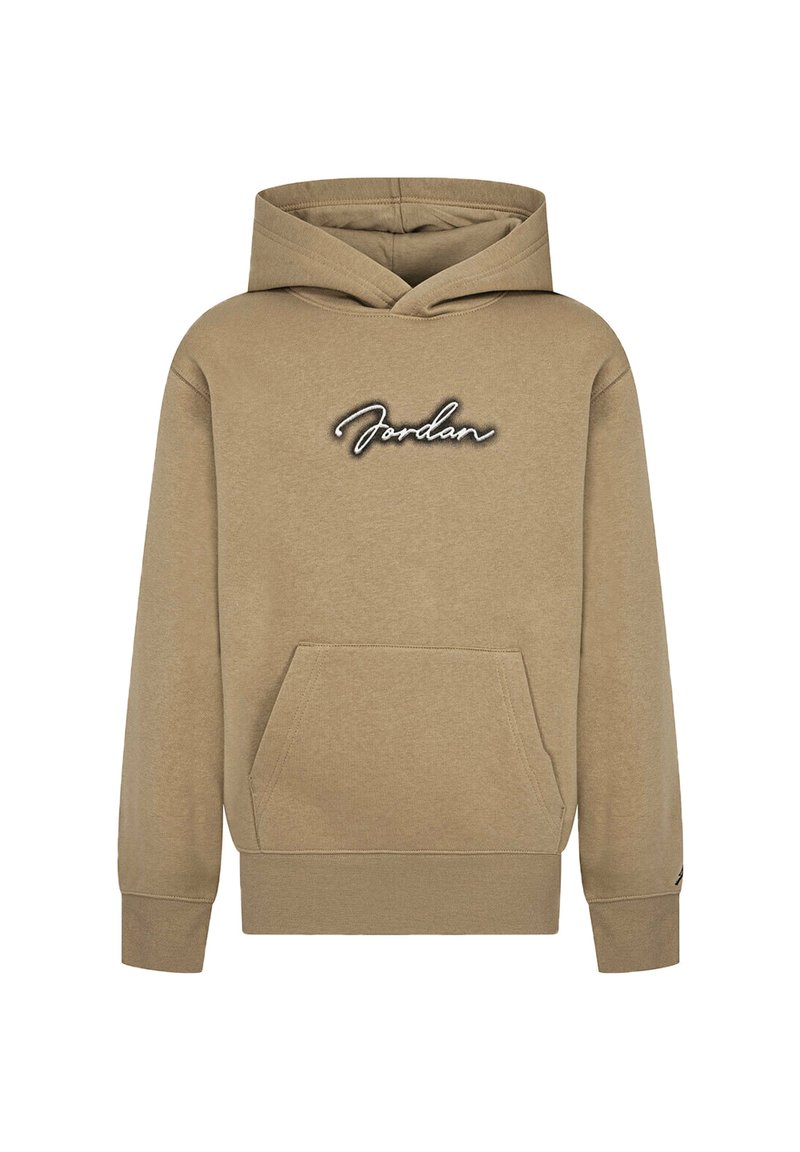 Felpa beige con tasca frontale, cappuccio regolabile e logo "Jordan" ricamato in bianco e nero sul petto. Materiale in cotone morbido.
