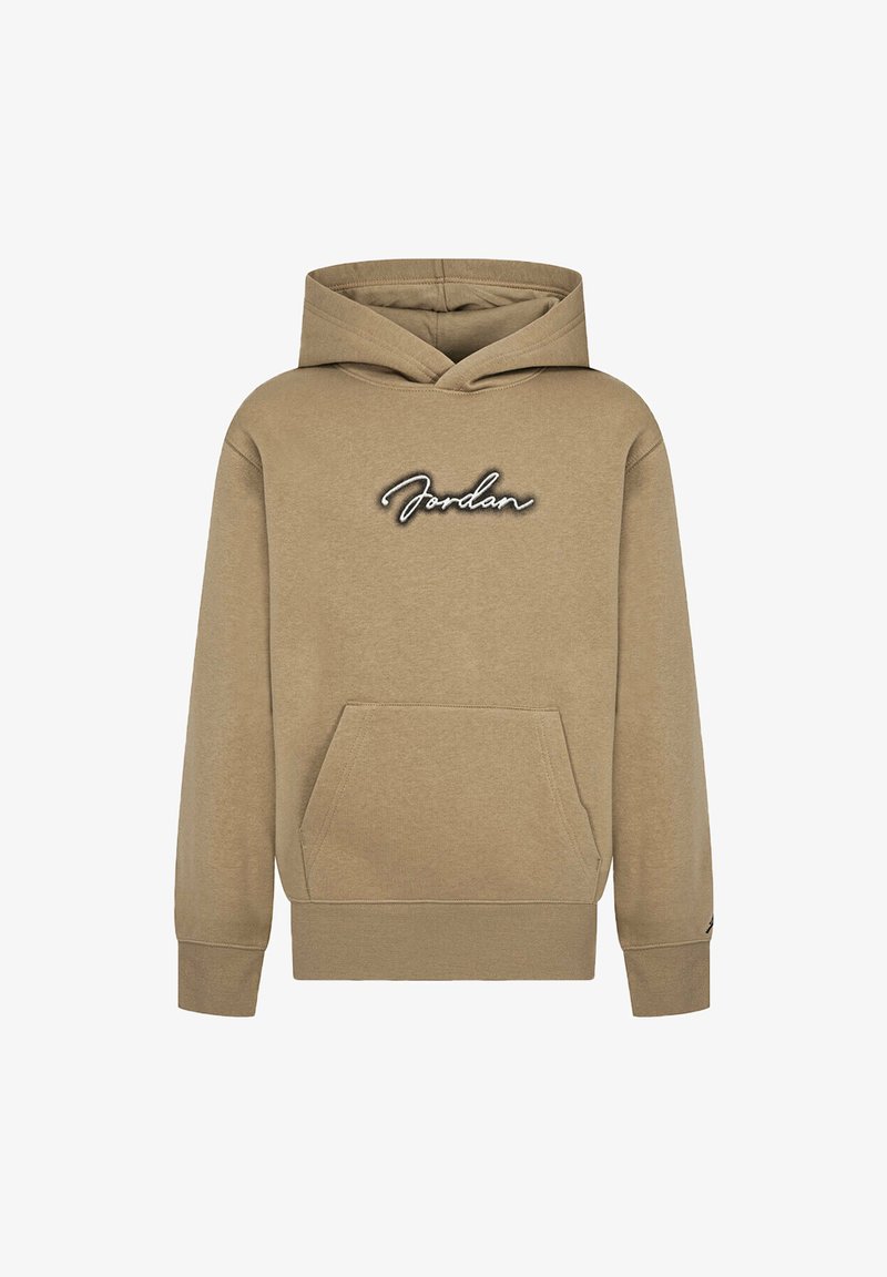 Felpa beige con tasca frontale, cappuccio regolabile e logo "Jordan" ricamato in bianco e nero sul petto. Materiale in cotone morbido.