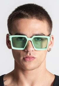 Gafas de sol de gran tamaño en verde menta con un marco grueso y lentes verde oscuro, que presentan una forma cuadrada y acentos de hardware mínimos.